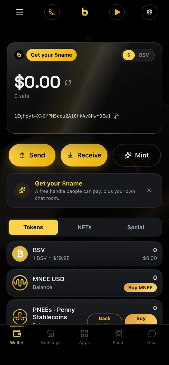 The bWallet wallet home screen: balance in dollars, Send, Receive and Mint, and BSV, MNEE and PNEEs cards